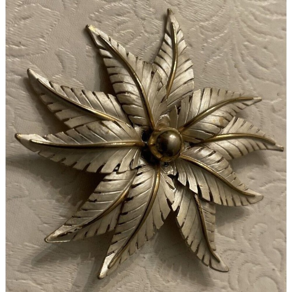 Lisa Jewels White Yellow Gold Flower Brooch Enamel 3" Brushed Matte Pin